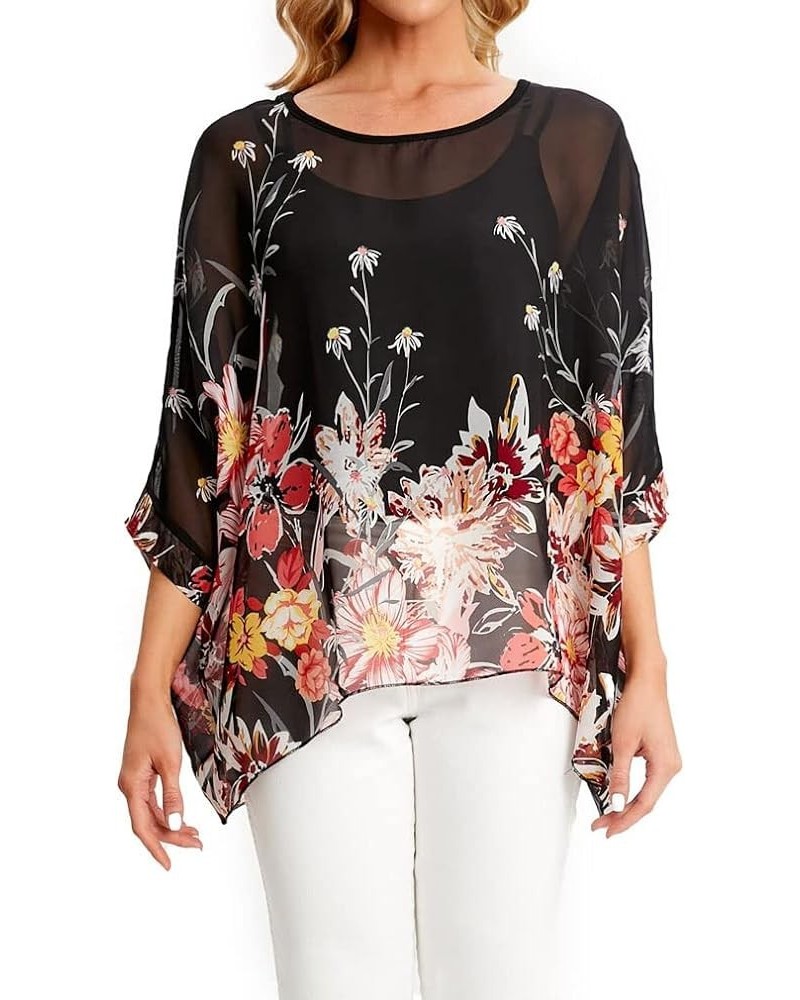 Women's Floral Blouse Loose Batwing Sleeve Beach Chiffon Poncho Sheer Tunic Tops Color40 $9.17 Tops