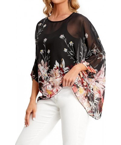 Women's Floral Blouse Loose Batwing Sleeve Beach Chiffon Poncho Sheer Tunic Tops Color40 $9.17 Tops