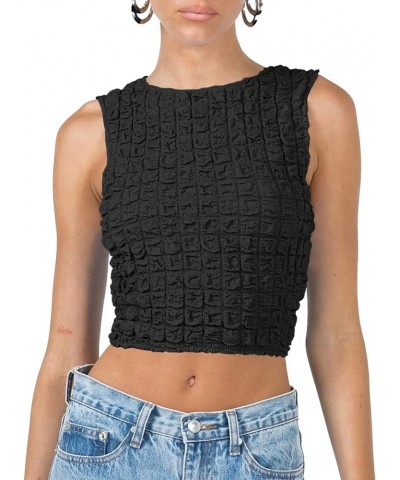 Women's Crop Tops Sexy Sleeveless Summer Popcorn Round Neck Slim Fit Going Out Y2K Streetwear Crop Camis Tank Vest Tops Black...