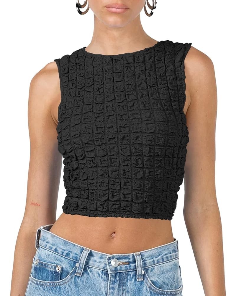 Women's Crop Tops Sexy Sleeveless Summer Popcorn Round Neck Slim Fit Going Out Y2K Streetwear Crop Camis Tank Vest Tops Black...