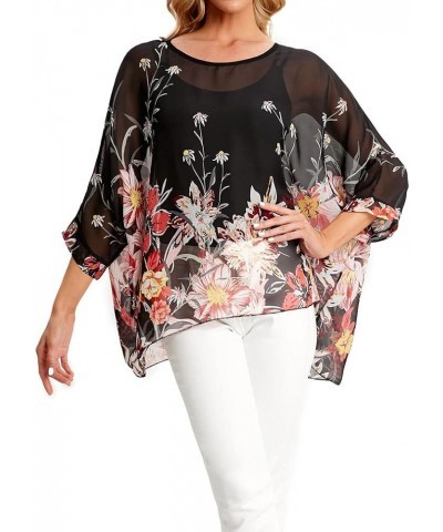 Women's Floral Blouse Loose Batwing Sleeve Beach Chiffon Poncho Sheer Tunic Tops Color40 $9.17 Tops