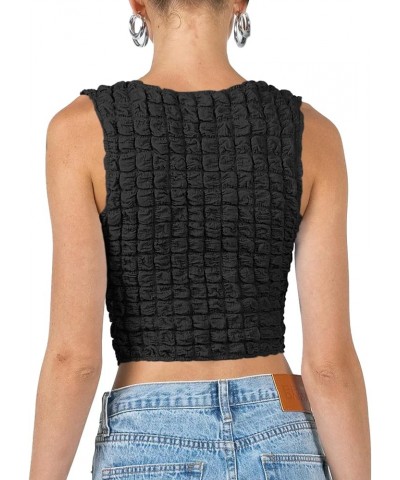 Women's Crop Tops Sexy Sleeveless Summer Popcorn Round Neck Slim Fit Going Out Y2K Streetwear Crop Camis Tank Vest Tops Black...