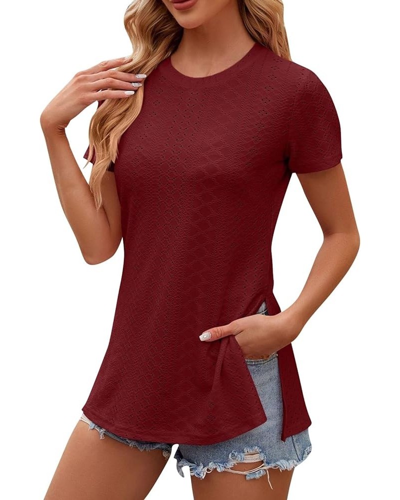 Eyelet Tops for Women Plus Size Short Sleeve Tunic Shirts Color Plain Blouses V Neck Sweatshirts Clothing Hide Tummy K164-win...