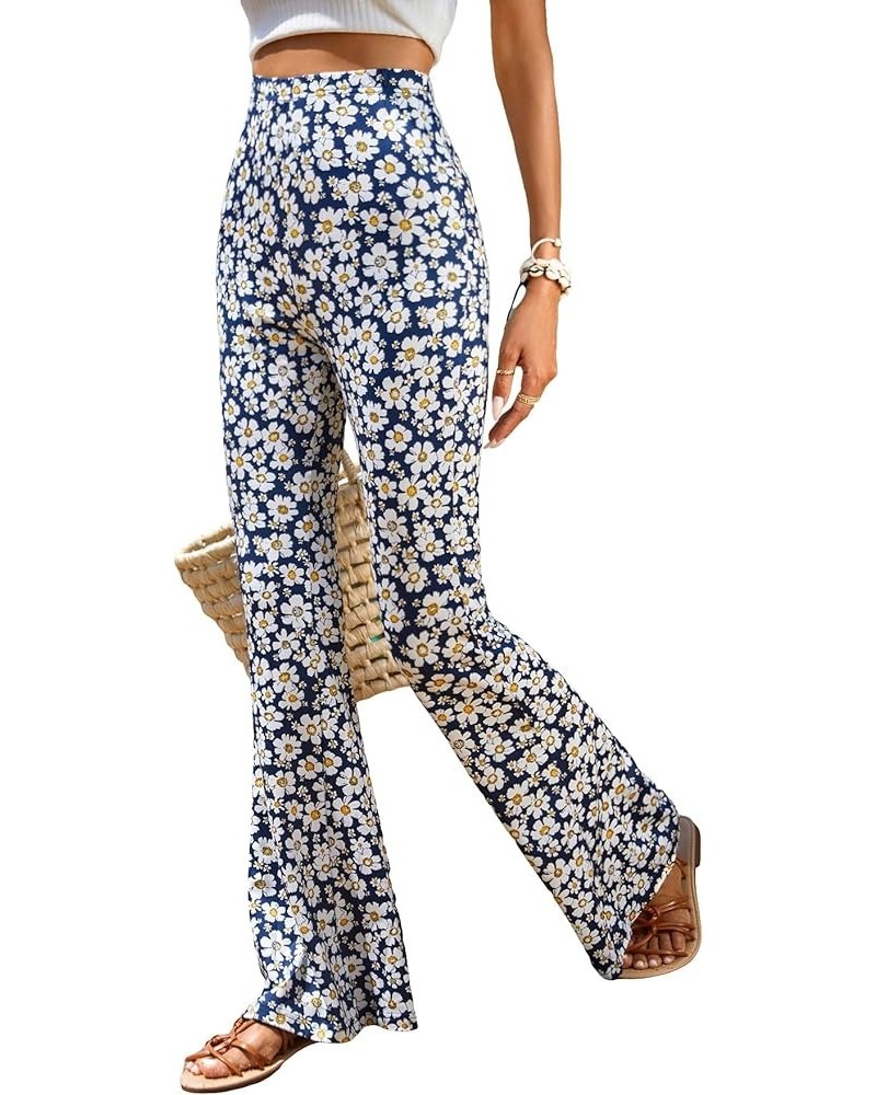 Women's Floral Print Elastic High Waist Flare Leg Pants Boho Bell Bottom Trousers Navy Blue $13.20 Pants