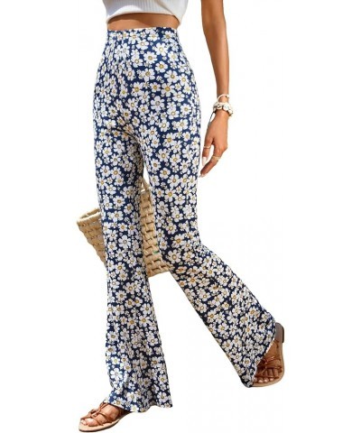 Women's Floral Print Elastic High Waist Flare Leg Pants Boho Bell Bottom Trousers Navy Blue $13.20 Pants