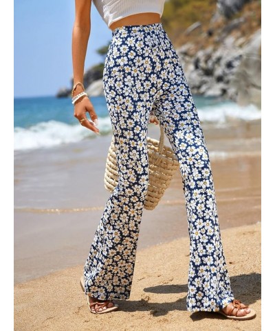 Women's Floral Print Elastic High Waist Flare Leg Pants Boho Bell Bottom Trousers Navy Blue $13.20 Pants