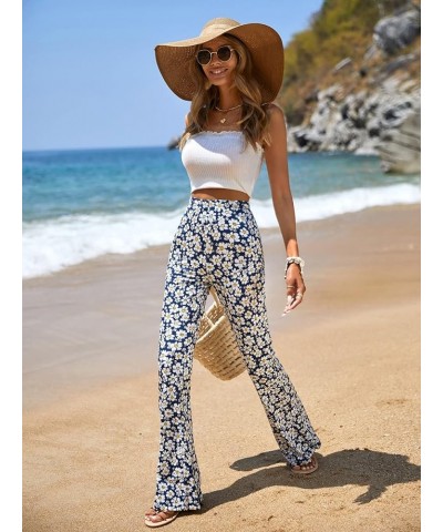 Women's Floral Print Elastic High Waist Flare Leg Pants Boho Bell Bottom Trousers Navy Blue $13.20 Pants