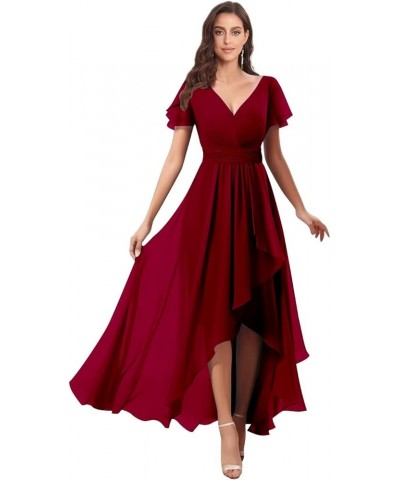 V Neck Bridesmaid Dresses for Wedding with Sleeves Ruffle High Low Chiffon Mother of The Bride Dresses Burgundy $20.00 Dresses