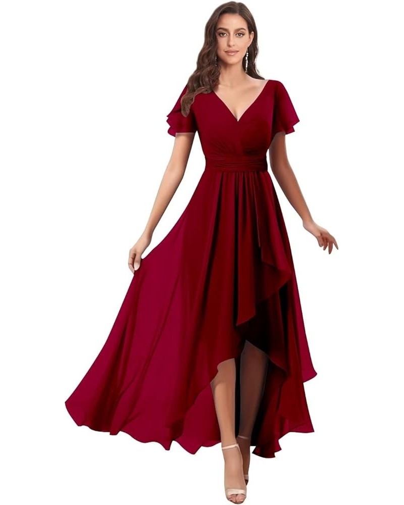 V Neck Bridesmaid Dresses for Wedding with Sleeves Ruffle High Low Chiffon Mother of The Bride Dresses Burgundy $20.00 Dresses