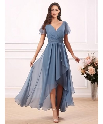 V Neck Bridesmaid Dresses for Wedding with Sleeves Ruffle High Low Chiffon Mother of The Bride Dresses Burgundy $20.00 Dresses