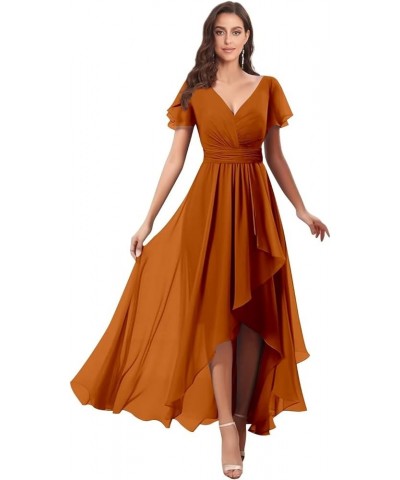 V Neck Bridesmaid Dresses for Wedding with Sleeves Ruffle High Low Chiffon Mother of The Bride Dresses Burgundy $20.00 Dresses