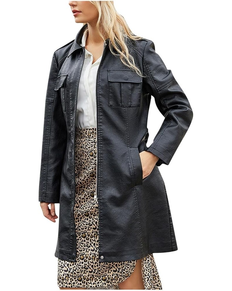 Women's Mid-Length Leather Jacket With Belt Fashion Spring And Autumn Long Sleeve Trench Coat Fashion British Jacket 01black ...