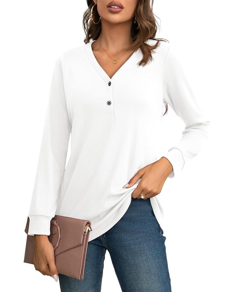 Womens Long Sleeve Henley Shirts V-neck Casual Tunic Tops Button Up T-shirts 2023 Fall Winter Cute Sweatshirt A2-white $13.91...