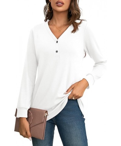 Womens Long Sleeve Henley Shirts V-neck Casual Tunic Tops Button Up T-shirts 2023 Fall Winter Cute Sweatshirt A2-white $13.91...