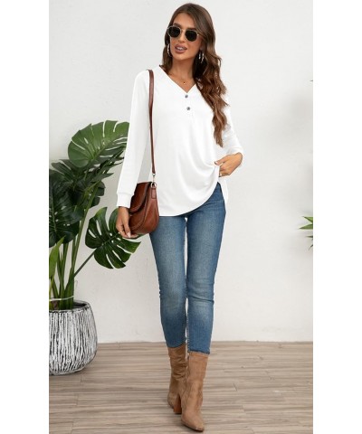 Womens Long Sleeve Henley Shirts V-neck Casual Tunic Tops Button Up T-shirts 2023 Fall Winter Cute Sweatshirt A2-white $13.91...