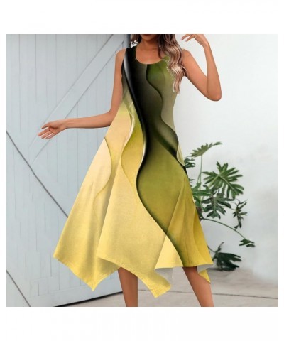 Summer Spring Dress for Women Casual Fashion Round Neck Sleeveless Dress Printed Slim Fit Irregular Midi Dress 04-yellow $5.6...