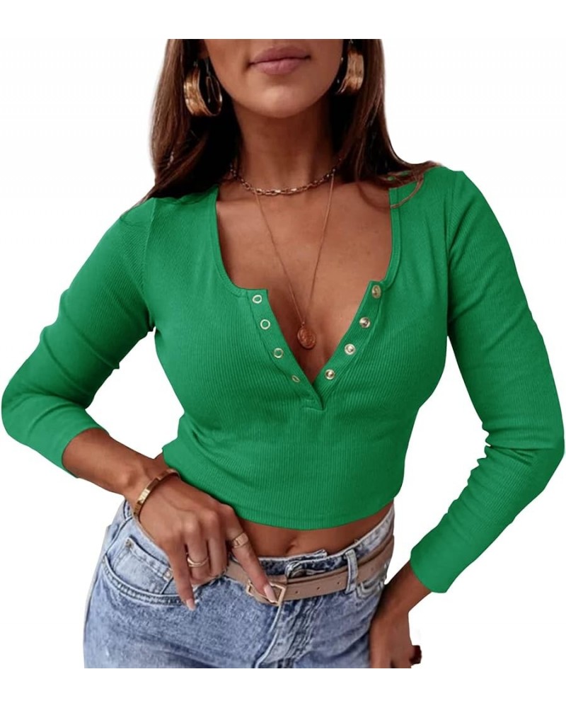 Women's Long Sleeve Henley Shirts Scoop Neck Slim Fit Ribbed Button Crop Top Kelly Green $12.42 Tops