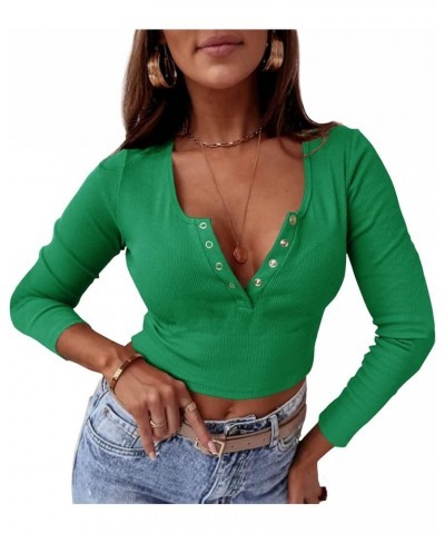 Women's Long Sleeve Henley Shirts Scoop Neck Slim Fit Ribbed Button Crop Top Kelly Green $12.42 Tops