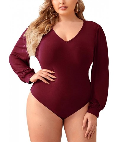 Women's Plus Size V Neck Long Sleeve Bodysuit Leotards Basic Shirts Jumpsuit Burgundy $13.94 Bodysuits