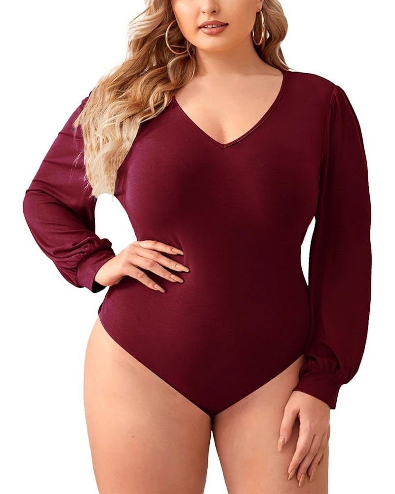 Women's Plus Size V Neck Long Sleeve Bodysuit Leotards Basic Shirts Jumpsuit Burgundy $13.94 Bodysuits