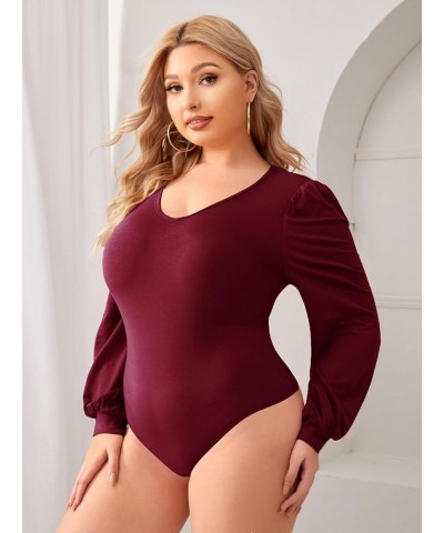 Women's Plus Size V Neck Long Sleeve Bodysuit Leotards Basic Shirts Jumpsuit Burgundy $13.94 Bodysuits