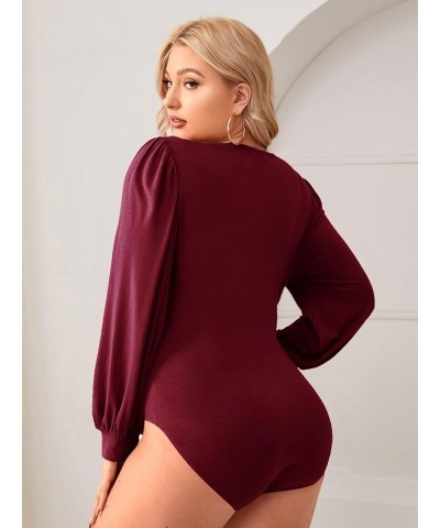 Women's Plus Size V Neck Long Sleeve Bodysuit Leotards Basic Shirts Jumpsuit Burgundy $13.94 Bodysuits