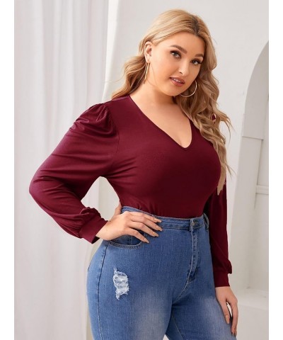 Women's Plus Size V Neck Long Sleeve Bodysuit Leotards Basic Shirts Jumpsuit Burgundy $13.94 Bodysuits