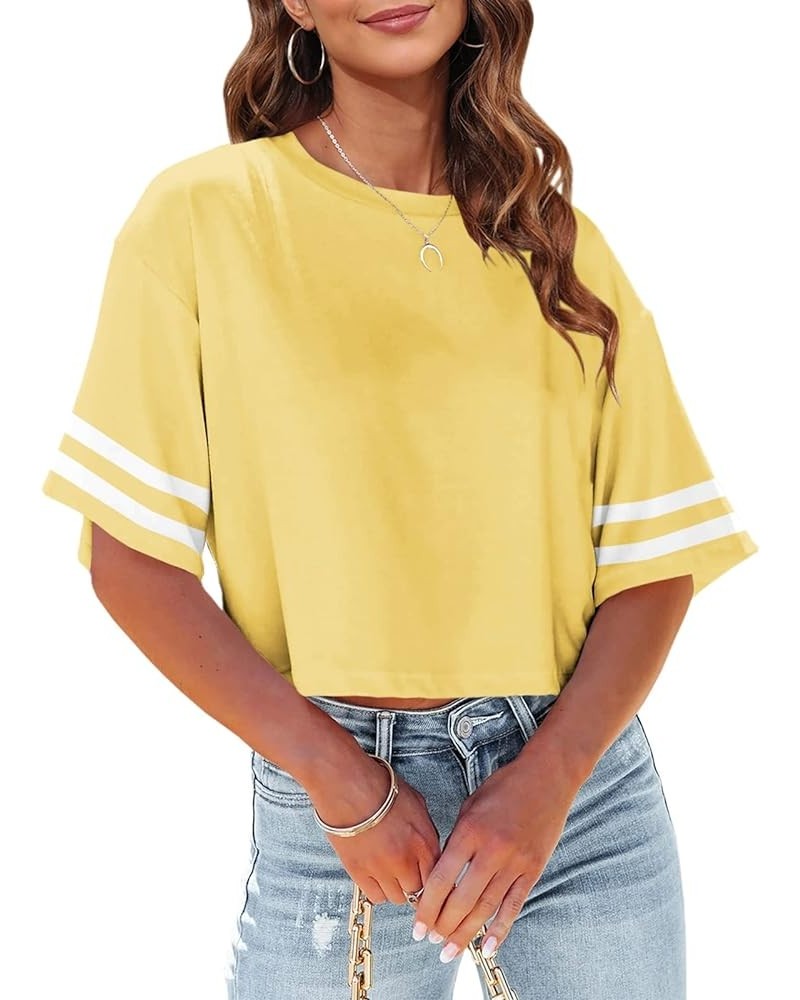 Women Half Sleeve Cropped T-Shirts Drop Shoulder Round Neck Crop Tops Casual Summer Solid Color Basic Tees Z03-yellow $12.25 ...