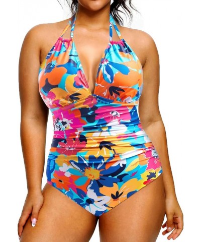 Plus Size Swimsuits One Piece Bathing Suit for Women Tummy Control Sexy Halter Swimwear Colorful Flowers $17.67 Swimsuits