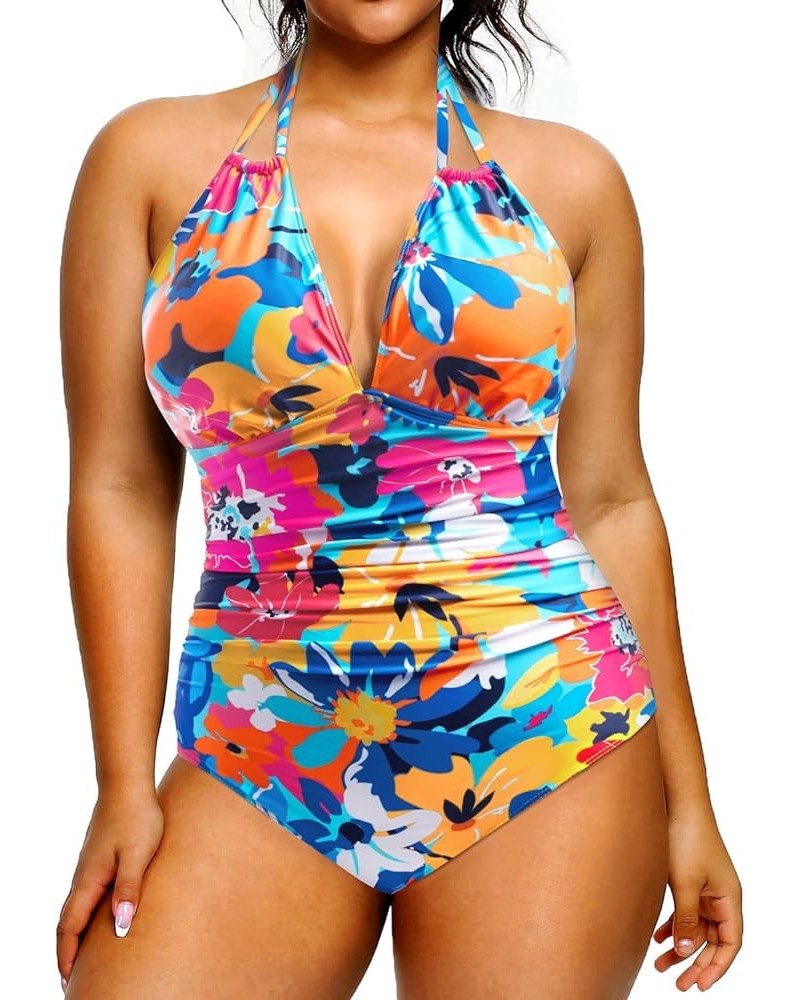 Plus Size Swimsuits One Piece Bathing Suit for Women Tummy Control Sexy Halter Swimwear Colorful Flowers $17.67 Swimsuits