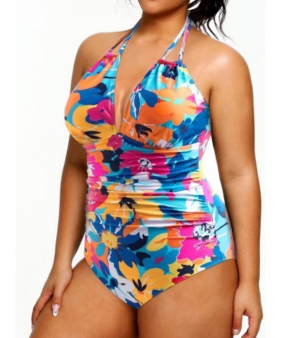 Plus Size Swimsuits One Piece Bathing Suit for Women Tummy Control Sexy Halter Swimwear Colorful Flowers $17.67 Swimsuits