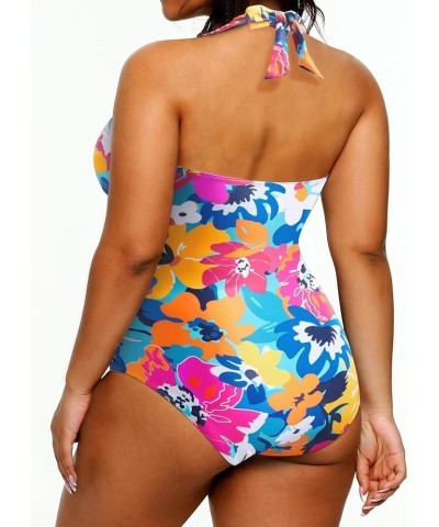 Plus Size Swimsuits One Piece Bathing Suit for Women Tummy Control Sexy Halter Swimwear Colorful Flowers $17.67 Swimsuits