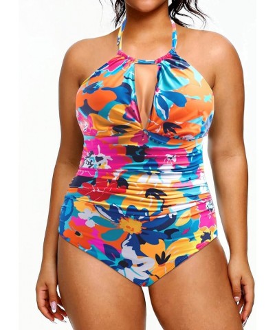 Plus Size Swimsuits One Piece Bathing Suit for Women Tummy Control Sexy Halter Swimwear Colorful Flowers $17.67 Swimsuits