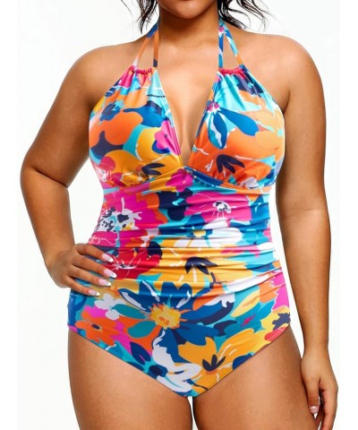 Plus Size Swimsuits One Piece Bathing Suit for Women Tummy Control Sexy Halter Swimwear Colorful Flowers $17.67 Swimsuits