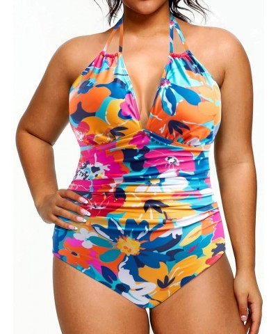 Plus Size Swimsuits One Piece Bathing Suit for Women Tummy Control Sexy Halter Swimwear Colorful Flowers $17.67 Swimsuits