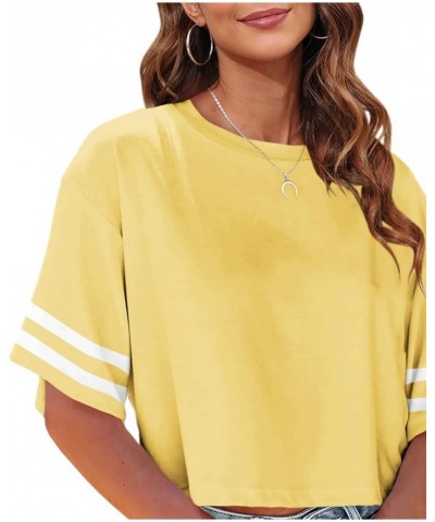 Women Half Sleeve Cropped T-Shirts Drop Shoulder Round Neck Crop Tops Casual Summer Solid Color Basic Tees Z03-yellow $12.25 ...