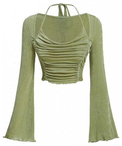 Women's Long Sleeve Ruched Bust Off Shoulder Tie Back Flounce Sleeve Lettuce Trim Crop Top Tee Lime Green $15.59 T-Shirts