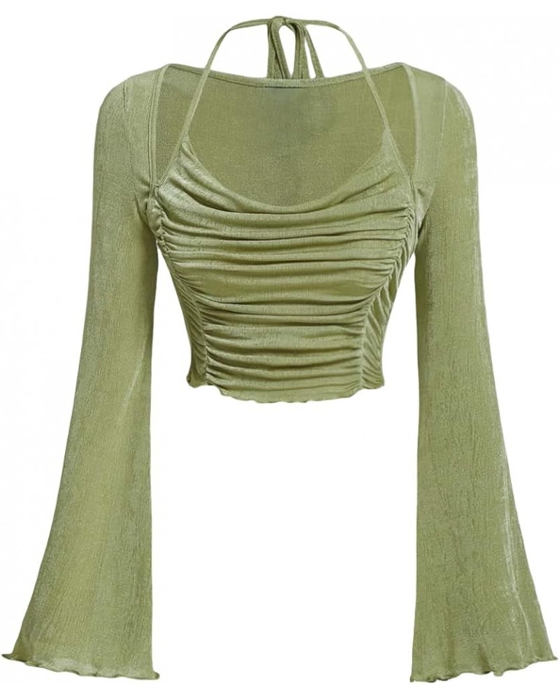 Women's Long Sleeve Ruched Bust Off Shoulder Tie Back Flounce Sleeve Lettuce Trim Crop Top Tee Lime Green $15.59 T-Shirts