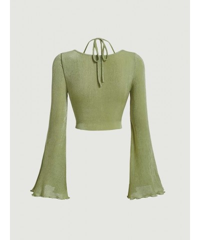 Women's Long Sleeve Ruched Bust Off Shoulder Tie Back Flounce Sleeve Lettuce Trim Crop Top Tee Lime Green $15.59 T-Shirts