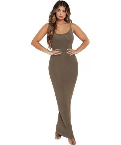 Women Summer Spaghetti Strap Square Neck Sleeveless Tight Fitted Long Bodycon Maxi Dress Sundresses Plain Brown $10.00 Dresses