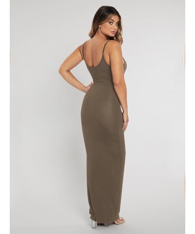 Women Summer Spaghetti Strap Square Neck Sleeveless Tight Fitted Long Bodycon Maxi Dress Sundresses Plain Brown $10.00 Dresses