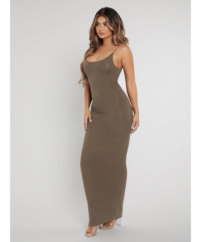 Women Summer Spaghetti Strap Square Neck Sleeveless Tight Fitted Long Bodycon Maxi Dress Sundresses Plain Brown $10.00 Dresses