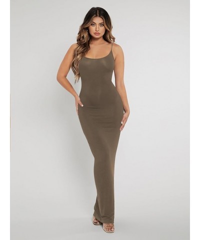 Women Summer Spaghetti Strap Square Neck Sleeveless Tight Fitted Long Bodycon Maxi Dress Sundresses Plain Brown $10.00 Dresses