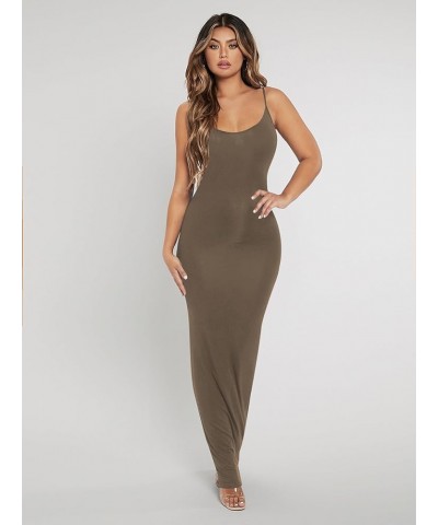 Women Summer Spaghetti Strap Square Neck Sleeveless Tight Fitted Long Bodycon Maxi Dress Sundresses Plain Brown $10.00 Dresses