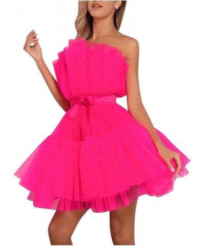 Women's Mini Princess Dress Off Shoulder Bow Waist Ruffled Fluffy Mesh A-line Party Short Dresses Hot Pink $12.00 Activewear