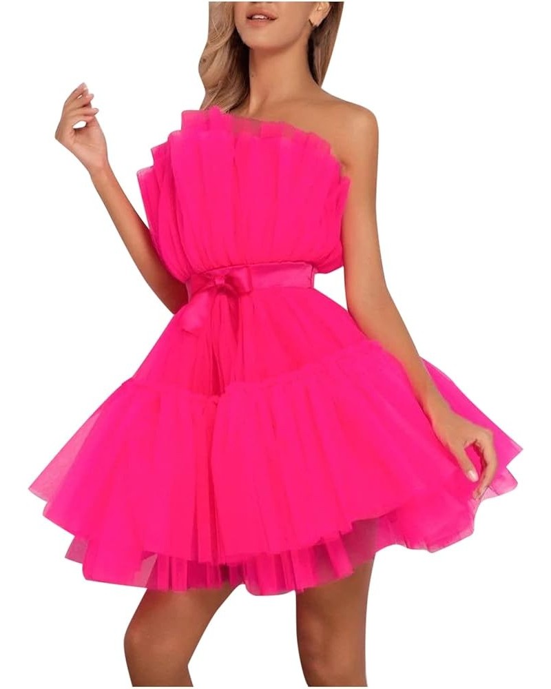 Women's Mini Princess Dress Off Shoulder Bow Waist Ruffled Fluffy Mesh A-line Party Short Dresses Hot Pink $12.00 Activewear