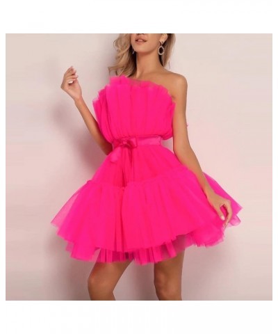 Women's Mini Princess Dress Off Shoulder Bow Waist Ruffled Fluffy Mesh A-line Party Short Dresses Hot Pink $12.00 Activewear