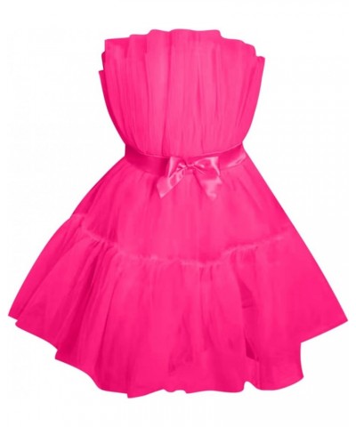 Women's Mini Princess Dress Off Shoulder Bow Waist Ruffled Fluffy Mesh A-line Party Short Dresses Hot Pink $12.00 Activewear