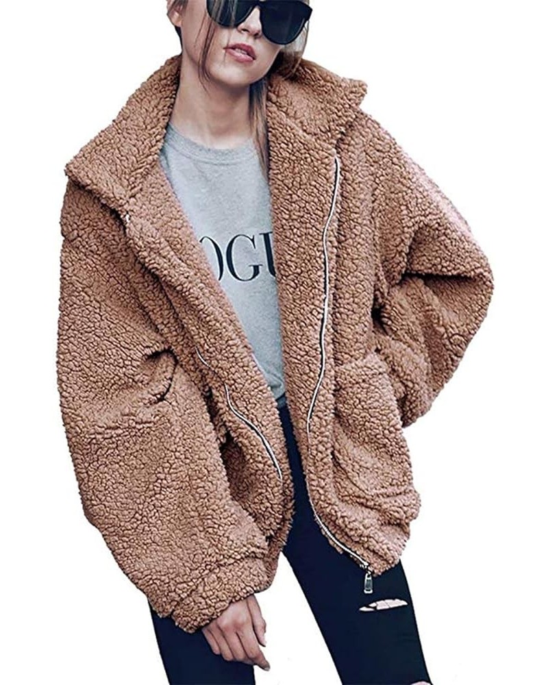 Women's Lapel Faux Fur Shearling Shaggy Oversized Winter Coat Long Sleeve Jacket With Pockets(S-3XL) Khaki $14.24 Jackets