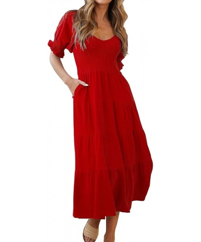 Women's 2024 Boho Off Shoulder Dress Puff Short Sleeves Flowy A Line Beach Party Midi Dresses Red1 $14.57 Dresses